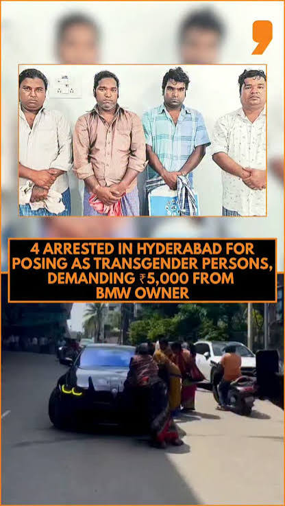 Transgender men dressed as sari were extorting money from a BMW owner; police arrested four after scanning CCTV.